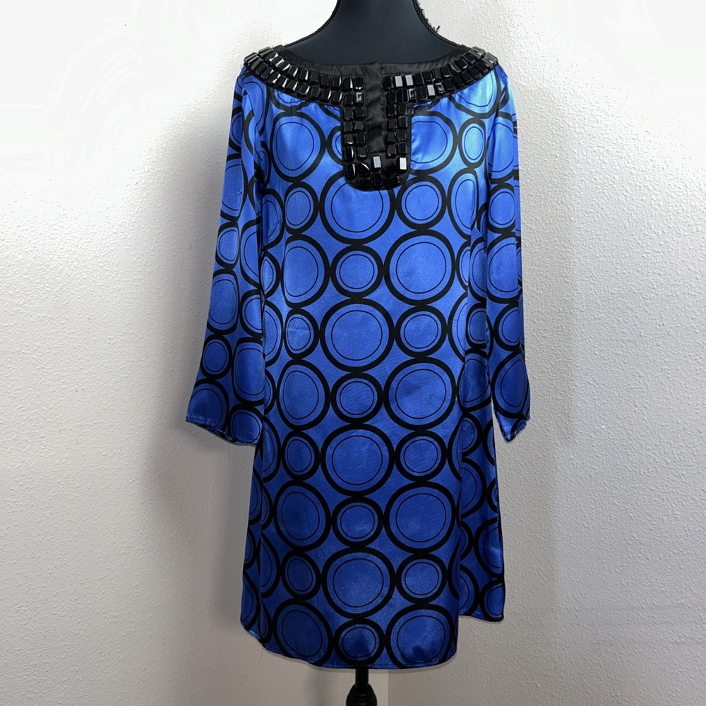 Michael Kors Dress Women's 8‎ 70's Retro Beaded Neck Blue & Black Geo 3/4 Sleeve